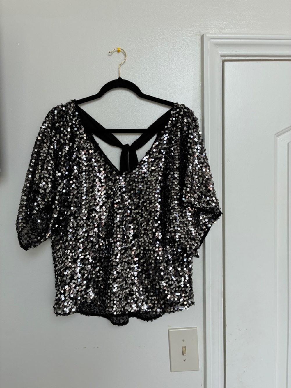 White House Black Market Black Sequin V-Neck Tie-Back Top